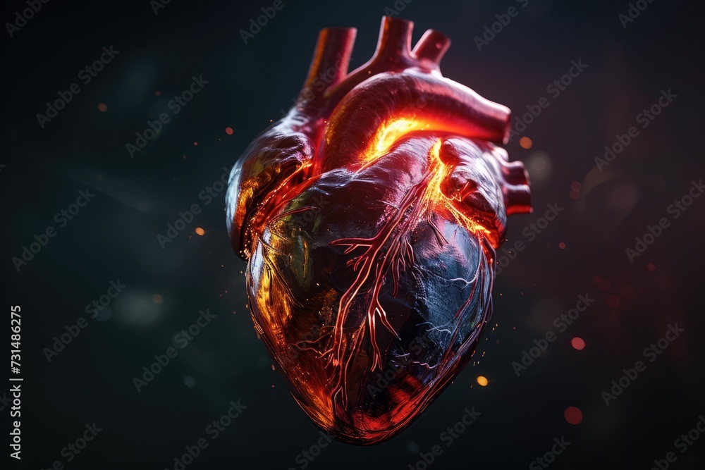 A single heart-shaped object shining brightly amidst the darkness, surrounded by intense bursts of colorful lights, 3D visualization of a heart, AI Generated