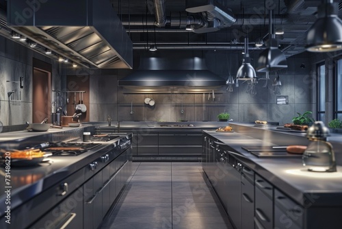 This large kitchen features an abundance of counter space, perfect for cooking and hosting gatherings, 3D render of a five-star restaurant kitchen without any chefs, AI Generated
