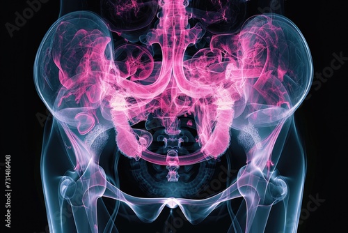 An informative x-ray image displaying the detailed structure and potential abnormalities within a human stomach, 3D X-ray visualization of the human ovary, AI Generated