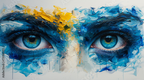 Close-up painting of expressive eyes with heavy blue and yellow textured brush strokes photo
