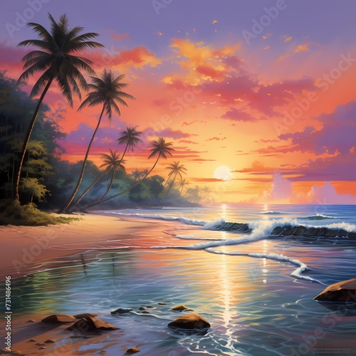 A tranquil beach at dawn, with gentle waves rolling in, palm trees swaying, and a spectrum of warm colors painting the sky