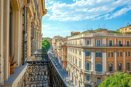 A photo capturing a balcony with an unobstructed view of the city, showcasing a breathtaking panoramic vista, A balcony setting overlooking the bright and bustling streets of Rome, AI Generated © Iftikhar alam