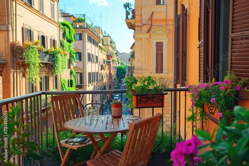 A cozy balcony featuring a simple yet inviting setup of a table and chairs, A balcony setting overlooking the bright and bustling streets of Rome, AI Generated