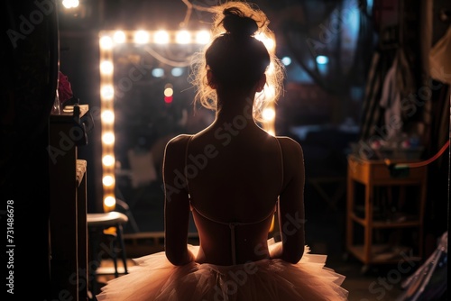A woman wearing a tutu sits gracefully in front of a mirror  capturing her elegant reflection  A ballerina preparing backstage before her performance  AI Generated