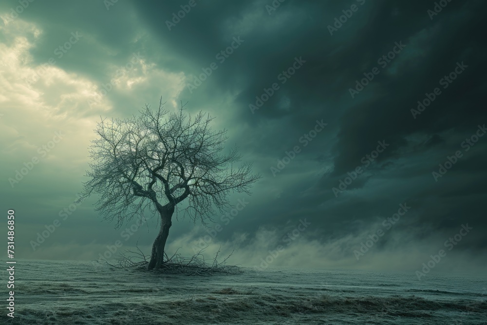 A lone tree stands in the vastness of a field, surrounded by a cloudy sky, A barren tree standing tall amid a storm's fury, AI Generated A lone tree stands in the vastness of a field, surrounded by a cloudy sky, A barren tree standing tall amid a storm's fury, AI Generated