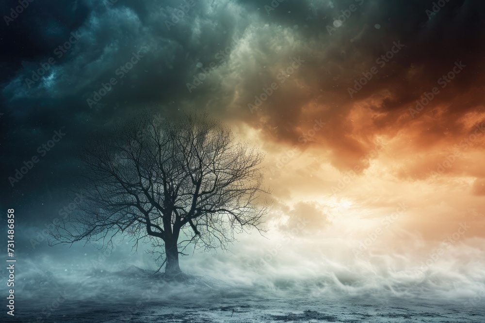 Fototapeta premium A lone tree stands resolute in the midst of a turbulent storm, defying natures forces, A barren tree standing tall amid a storm's fury, AI Generated