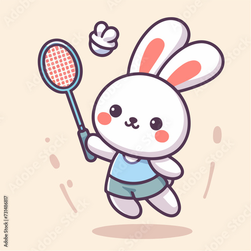 sport animal cute bunny playing badminton with net racket vector illustration vector illustration © Ngilustrasi