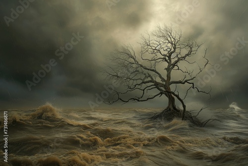 A single tree exudes splendor as it stands amidst the expansive body of water, A barren tree standing tall amid a storm's fury, AI Generated