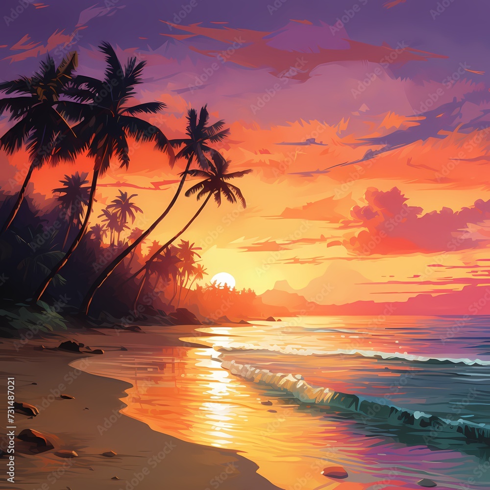 A tranquil beach at dawn, with gentle waves rolling in, palm trees swaying, and a spectrum of warm colors painting the sky