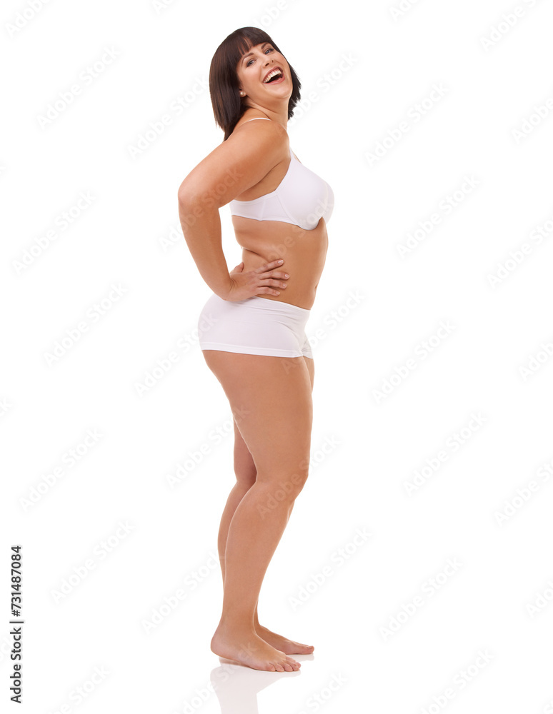 Portrait, beauty and laughing with body positive woman in studio isolated on white background for vitality. Smile, funny or natural and confident young plus size model with positive health attitude Portrait, beauty and laughing with body positive woman in studio isolated on white background for vitality. Smile, funny or natural and confident young plus size model with positive health attitude