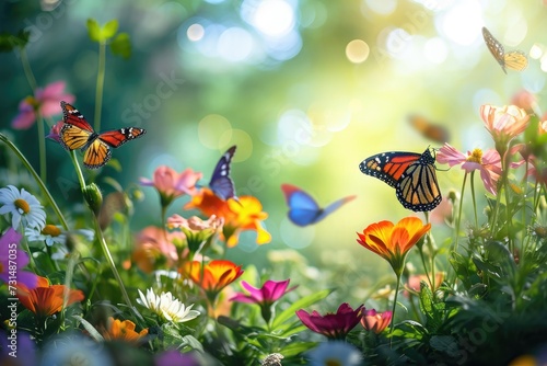 Group of Butterflies Soaring Above Colorful Field of Flowers in Natures Dance  A beautiful butterfly garden with flowers in full bloom and butterflies fluttering about  AI Generated