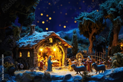 A nativity scene featuring a manger with a baby Jesus, representing the traditional biblical story of the birth of Christ, A beautiful Christmas nativity scene in a glistening night, AI Generated