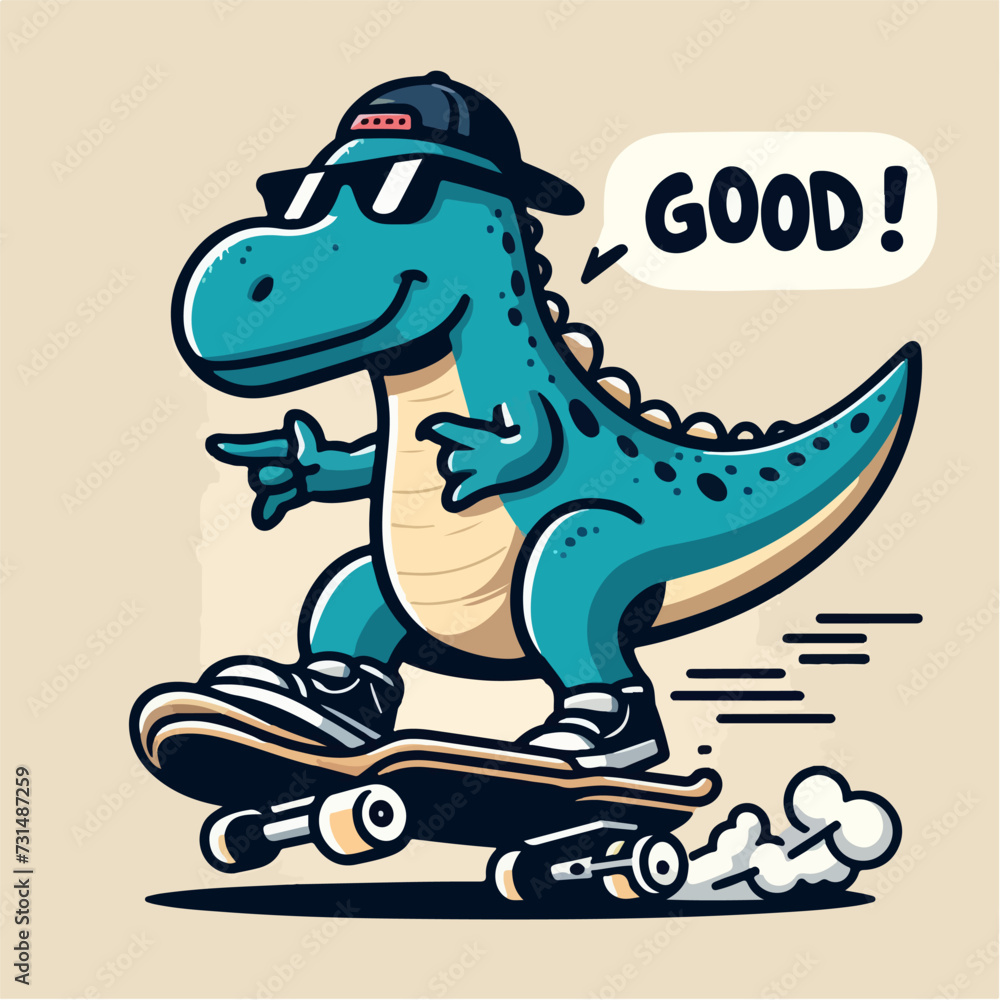 Naklejka premium sport animal cool dino on a skate board wearing a hat and sunglasses vector illustration