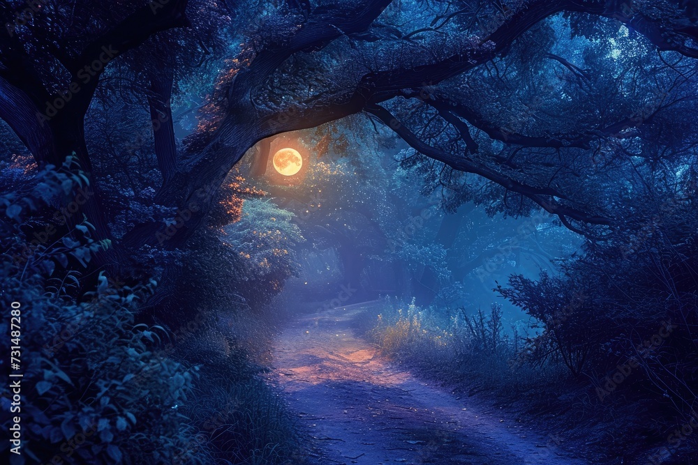 Path in Woods With Full Moon in Distance - Tranquil Night Landscape, A ...