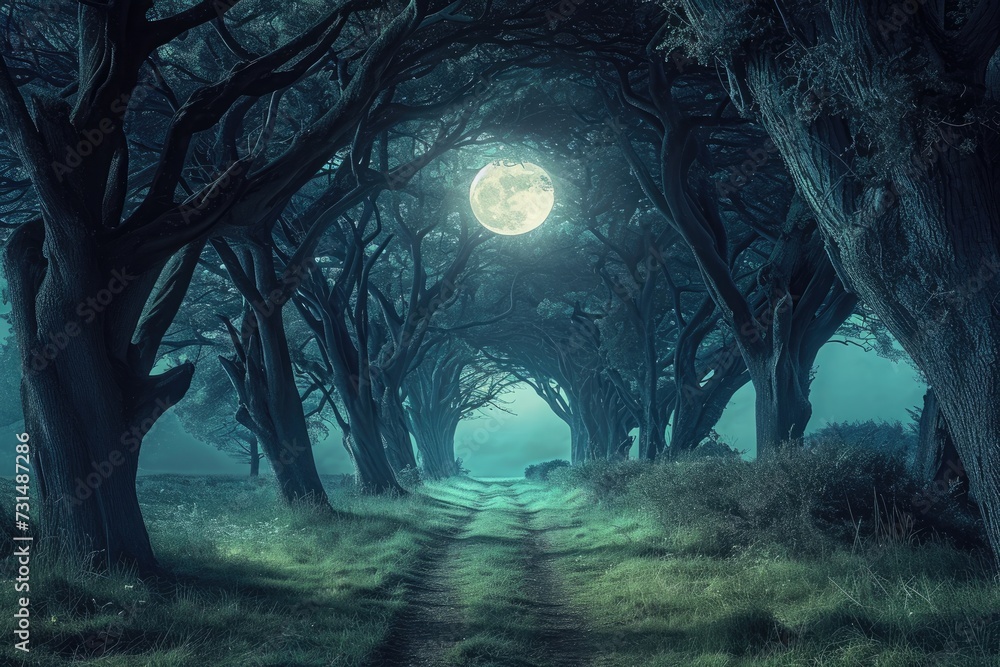 An eerie and captivating photo that reveals a multitude of densely packed trees amidst the darkness of an enchanting forest, A beautiful tree corridor glowing in the dreamy moonlight, AI Generated