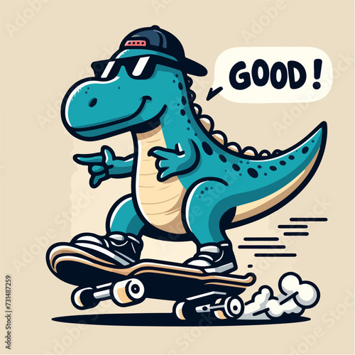 sport animal cool dino on a skate board wearing a hat and sunglasses vector illustration © Ngilustrasi