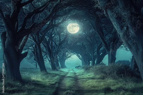 An eerie and captivating photo that reveals a multitude of densely packed trees amidst the darkness of an enchanting forest, A beautiful tree corridor glowing in the dreamy moonlight, AI Generated