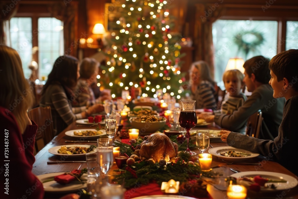 A diverse group of individuals enjoying a meal together at a dinner table, A big family enjoying Christmas dinner at a grand table, AI Generated