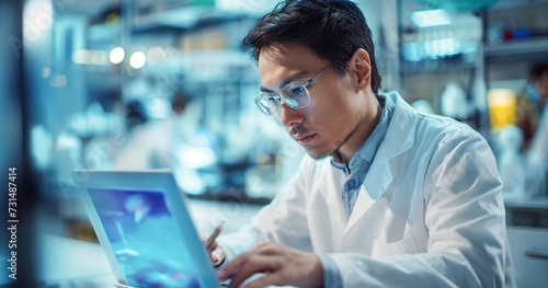 man scientist Are using a laptop in a laboratory, health, or pathology setting to conduct an experiment? Biotechnology, pharmaceuticals, to achieve online scientific results in biotechnology 