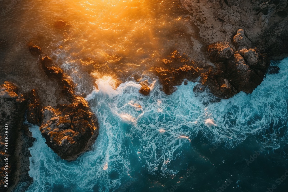 Awe-Inspiring Aerial View of Ocean at Sunset - Captivating Nature Image, A bird's eye perspective of a golden sunset lighting up the sea and rocks, AI Generated Awe-Inspiring Aerial View of Ocean at Sunset - Captivating Nature Image, A bird's eye perspective of a golden sunset lighting up the sea and rocks, AI Generated
