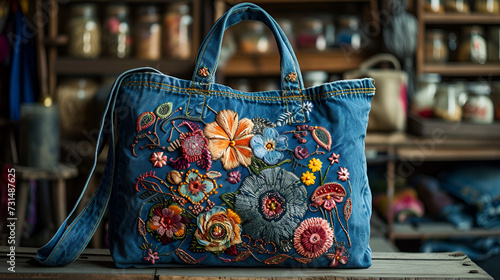 Beautiful embroidered denim handbag, shopping bag. DIY, denim upcycling, using old jeans, upcycle denim stuff. Sustainable lifestyle, hobby, crafting, recycling, generative ai
