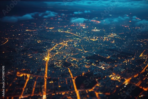 This stunning photo captures the bustling vibrancy of a city at night from a mesmerizing aerial perspective, A bird's eye view of a city glowing with city lights at night, AI Generated