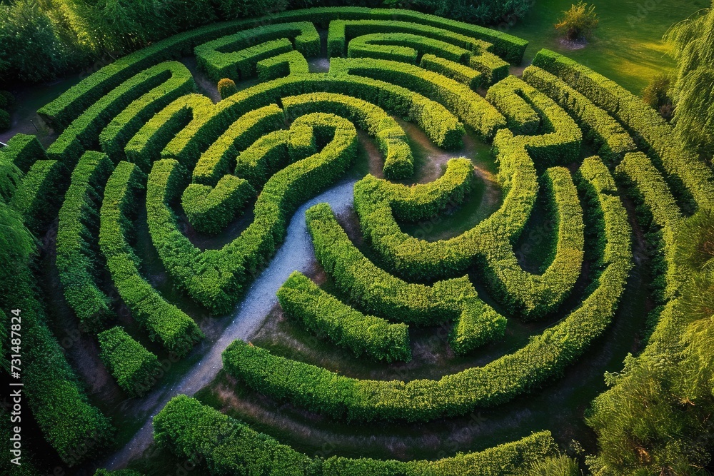 Capture an aerial view of a sprawling and challenging maze situated in the midst of a vibrant, green field, A bird's eye view of a labyrinth-like hedge garden, AI Generated Capture an aerial view of a sprawling and challenging maze situated in the midst of a vibrant, green field, A bird's eye view of a labyrinth-like hedge garden, AI Generated
