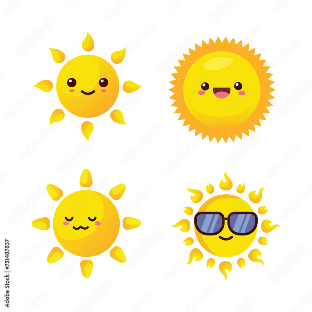 Set of funny sun vector icons on isolated background. Sun vector icon collection.