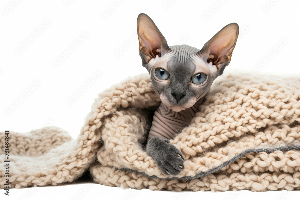 Hairless Sphynx cat wrapped in a warm blanket, isolated on white background.