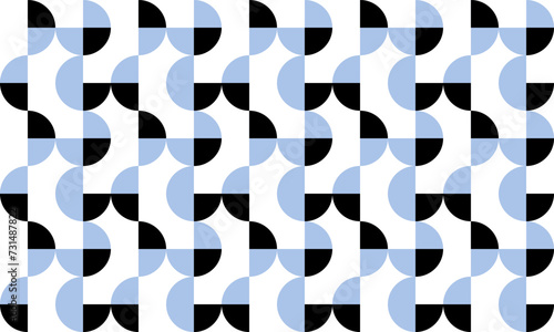 half circle, half dot of blue and black abstract arrange on white background repeat seamless design for fabric print or wallpaper checkerboard