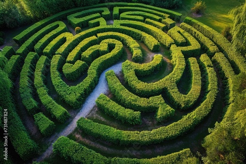 Capture an aerial view of a sprawling and challenging maze situated in the midst of a vibrant, green field, A bird's eye view of a labyrinth-like hedge garden, AI Generated