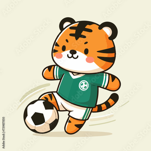 sport animal cute tiger football player dribbling ball vector illustration