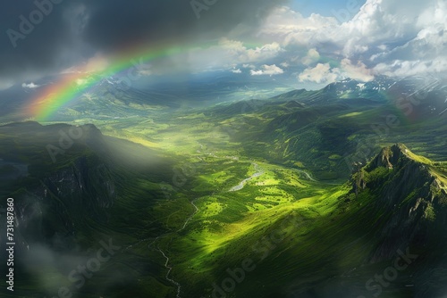A stunning photo capturing a vibrant rainbow arching across the sky above a magnificent mountain range, A bird's eye view of a rainbow over a green valley, AI Generated