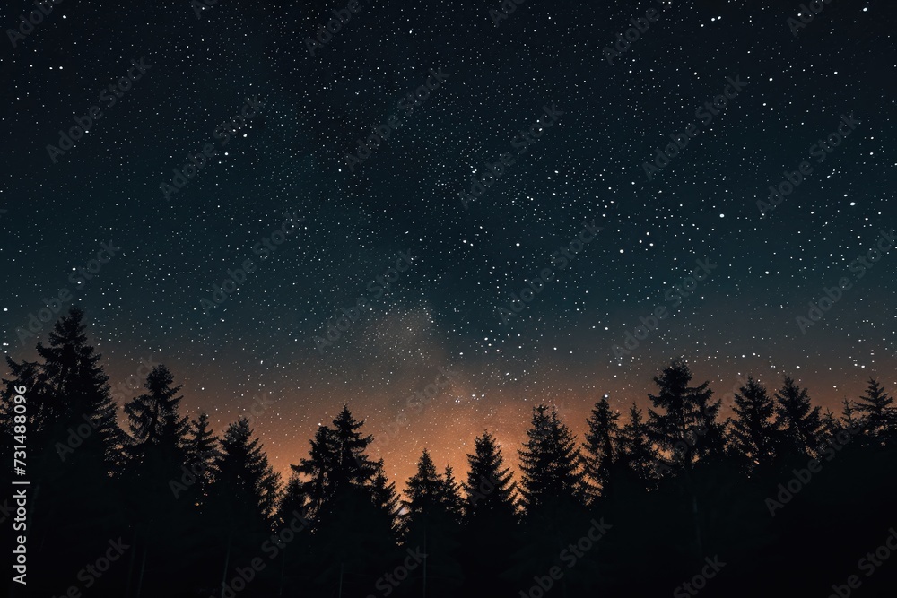 Naklejka premium A captivating photo featuring a night sky filled with countless stars shining above a forest of tall trees, A blanket of stars over a darkened forest, AI Generated