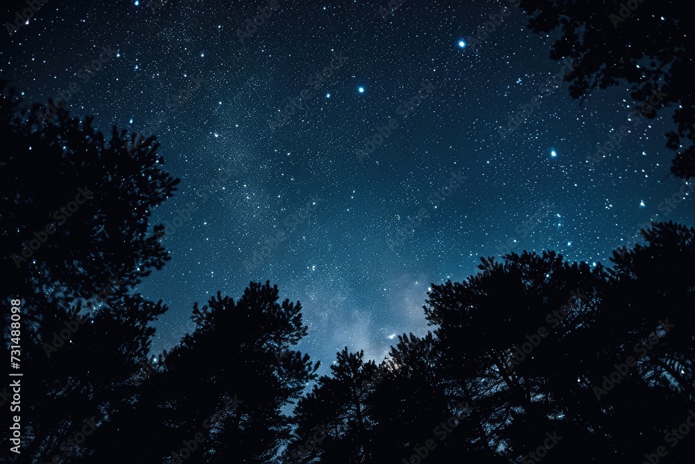 Experience the tranquility of a star-filled night sky complemented by the beauty of surrounding trees, A blanket of stars over a darkened forest, AI Generated