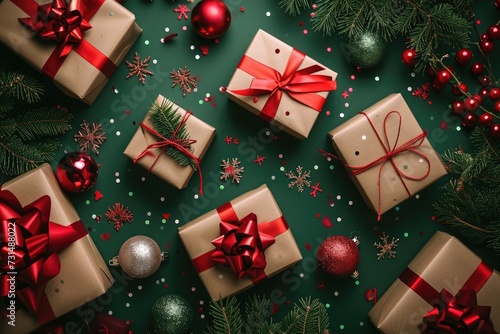 Christmas Presents on Green Background Surrounded by Decorations, A bird's-eye view of multiple gift boxes scattered on a festive background, AI Generated