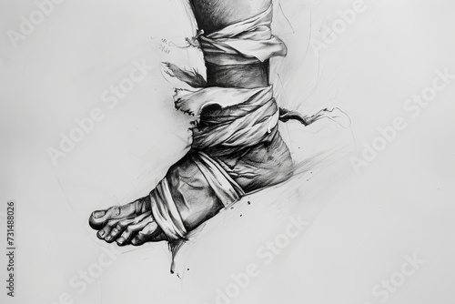 A precise and detailed illustration of a foot wrapped in bandages for medical purposes  A black and white sketch of a twisted ankle  AI Generated