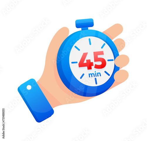 Hand firmly gripping a blue stopwatch set to 45 minutes, with a prominent red highlight on the timer