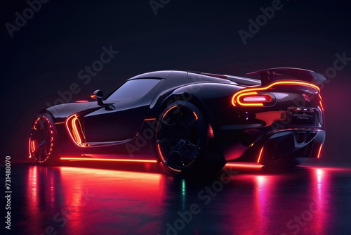This photo showcases a black sports car with neon lights, exuding a sleek and modern aesthetic, A black sports car with neon underglow lights, AI Generated © Iftikhar alam
