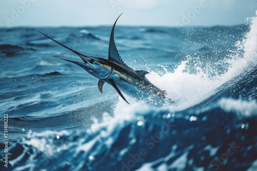 Marlin Fish Leaping Out of Water, A Gorgeous Display of Agility and Power, A blue marlin speeding through the ocean waves with stunning agility, AI Generated