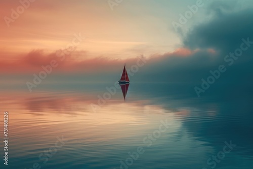 A serene sailboat peacefully rests in the center of a tranquil body of water, A boat sailing alone on smooth water, AI Generated