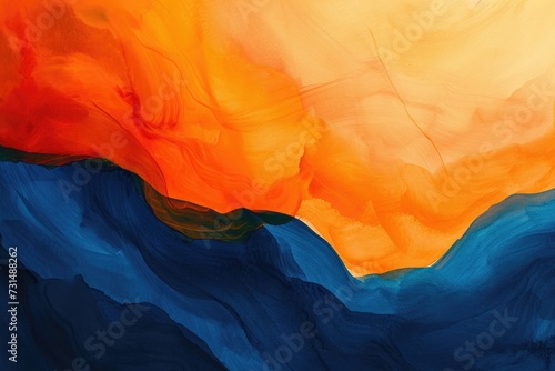 A visually appealing abstract artwork consisting of vibrant orange and blue colors painted on a wall, A bold color blend of warm oranges and deep blues, inspired by a sunset, AI Generated
