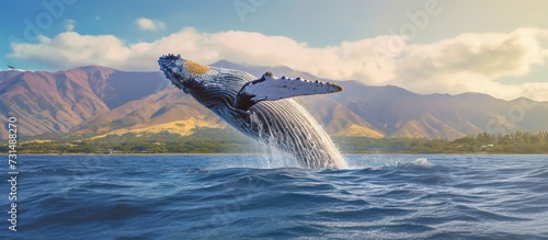 humpback whale jumping, with mountains in the background © kucret