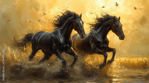 two black beautiful horses runing © bannafarsai