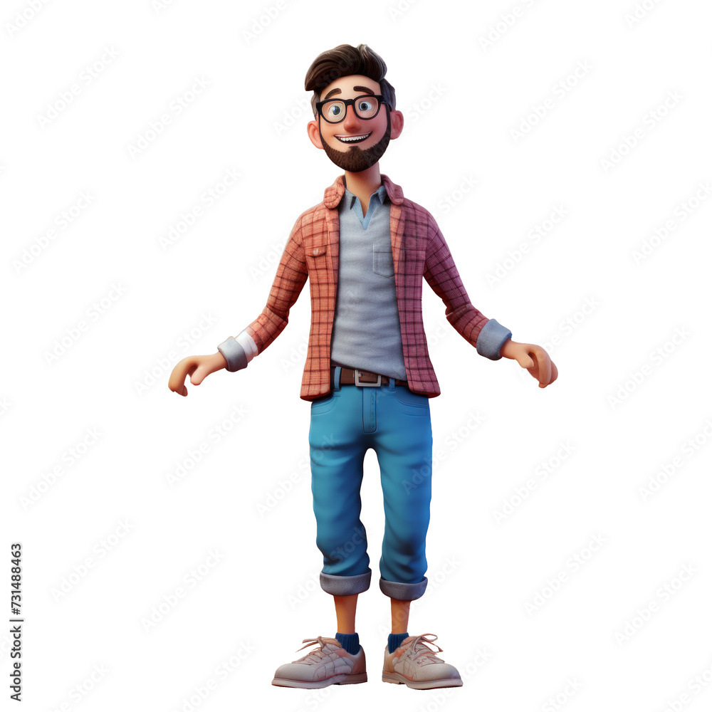 The 3D animation character depicts a young man with a beard, wearing jeans and a shirt, smiling warmly, presenting a relaxed and friendly appearance. The 3D animation character depicts a young man with a beard, wearing jeans and a shirt, smiling warmly, presenting a relaxed and friendly appearance.
