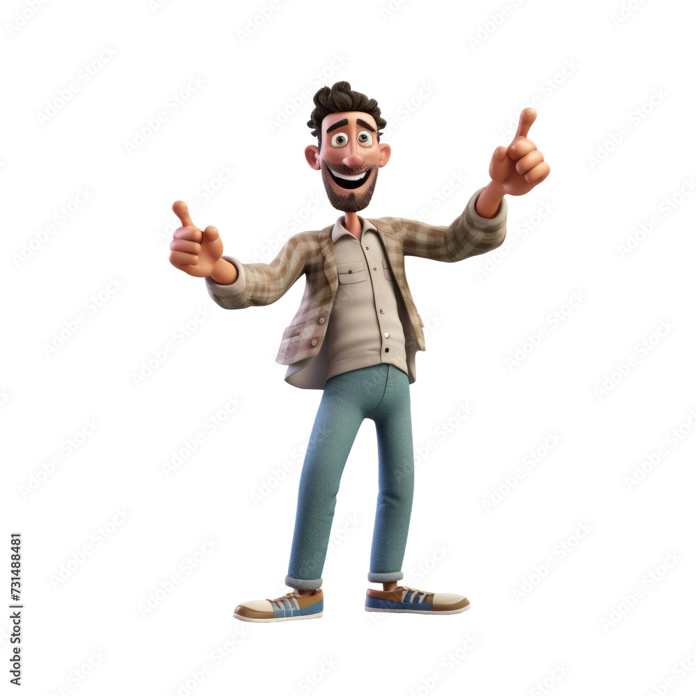 The 3D animation character features a young man with a beard, sporting a big smile and a happy expression, casually dressed to convey a laid-back and cheerful persona. The 3D animation character features a young man with a beard, sporting a big smile and a happy expression, casually dressed to convey a laid-back and cheerful persona.