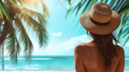 Summer beach vacation concept, Happy woman with hat relaxing at the seaside and looking away, in the summer against a backdrop of palm trees and sea beach. © Lakkhana