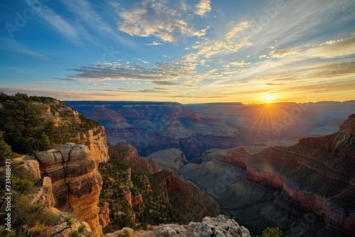 A breathtaking scene of the suns radiant light fading behind the grandeur of the iconic Grand Canyon, A breathtaking view of the Grand Canyon at sunrise, AI Generated
