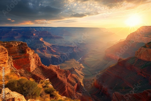 Witness the stunning beauty of the sun setting over the majestic Grand Canyon, A breathtaking view of the Grand Canyon at sunrise, AI Generated