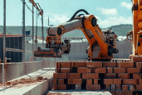 A crane efficiently moves bricks as part of a construction project, A brick laying robot in action on a sunny day, AI Generated
